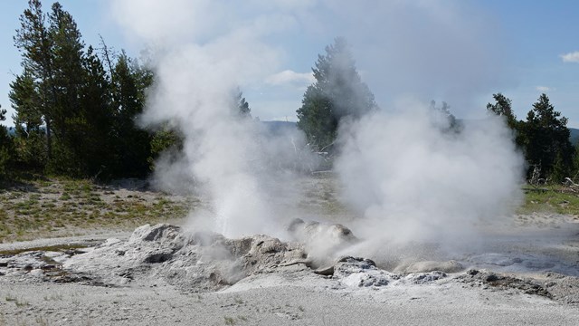 Steam rises from the built-up cone of Jet Geyser.
