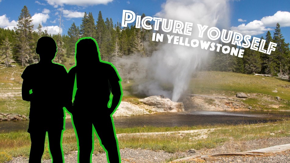 Silhouette of two kids standing and watching Riverside Geyser erupt water and steam up over a river.