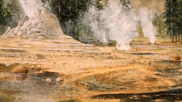 A landscape painting of steaming geysers