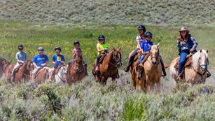 A group of visitors wearing helmets and riding horses across a field.