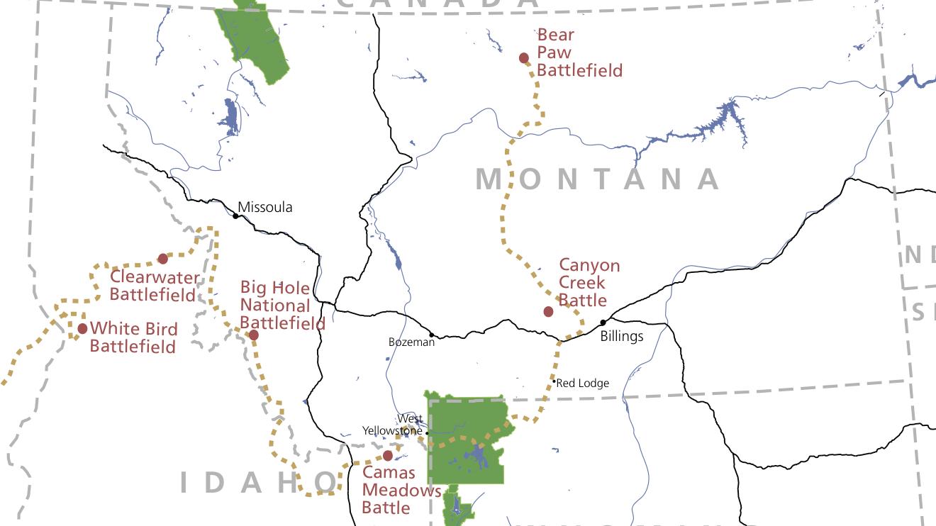 Map of Idaho, Wyoming, and Montana showing the path of flight the Nez Perce took.