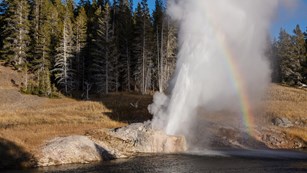 A rainbow stands out as a geyser erupts.
