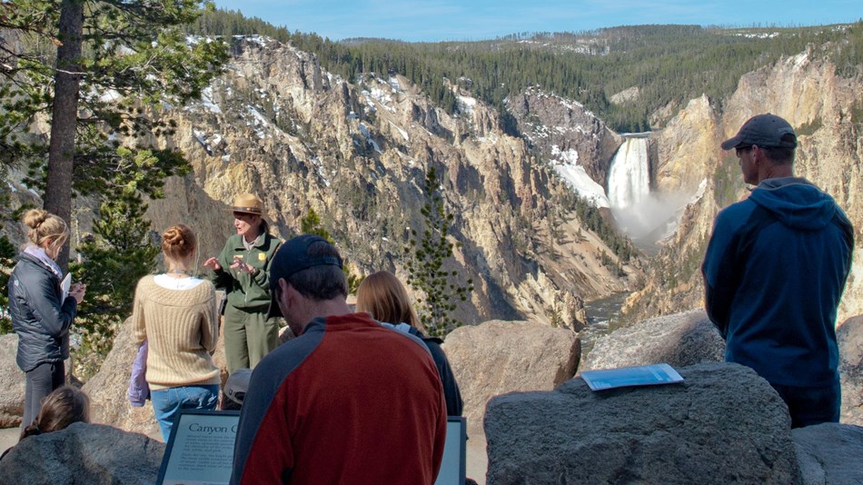 Ranger talking to a group of people with the Lower Falls in the background.