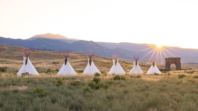 sun setting behind a row of white teepees