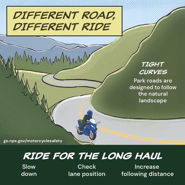 A graphic showing a person riding a motorcycle on windy, narrow roads through the mountains