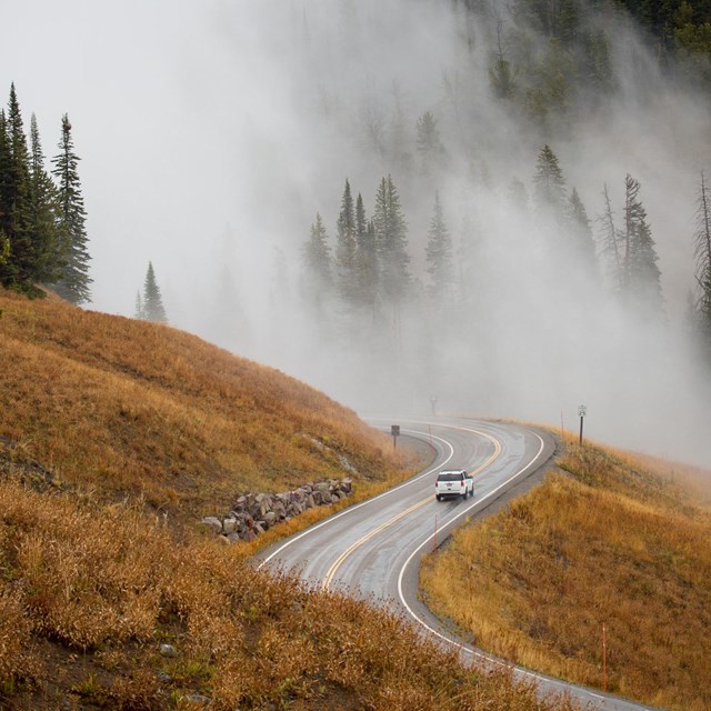 A car drives along on a winding road during a foggy morning.