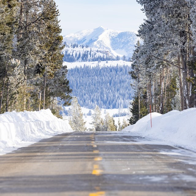 a paved road surrounded by high snowbanks, trees, and a snowy mountain in the distance