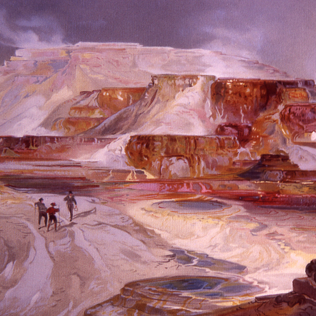 A Thomas Moran watercolor of a terraced hot springs