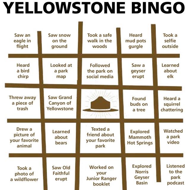 A brown grid bingo sheet with a ranger hat in the center space.