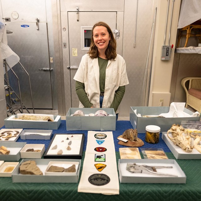 A person standing behind a table that is covered with a variety of museum collection items.