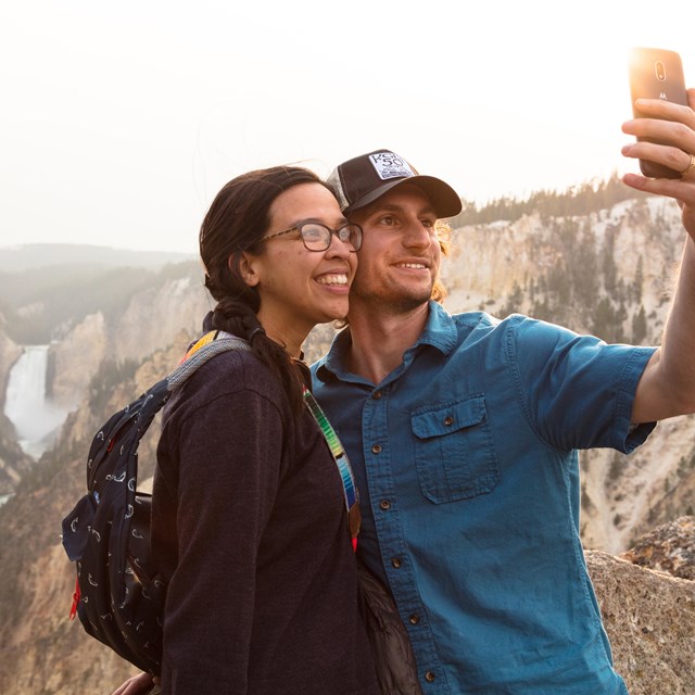 People hiking through a meadow of yellow flowers.