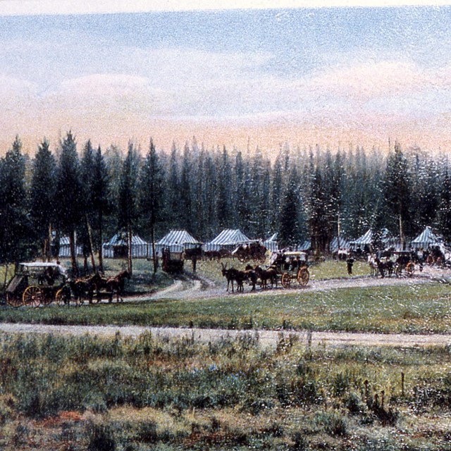 An historic postcard of a large tent camp and stage coaches