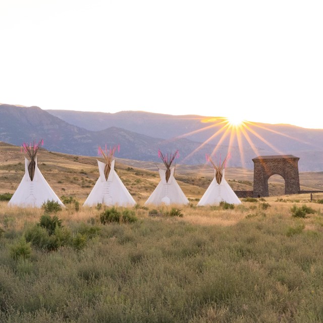 sun setting behind a row of white teepees