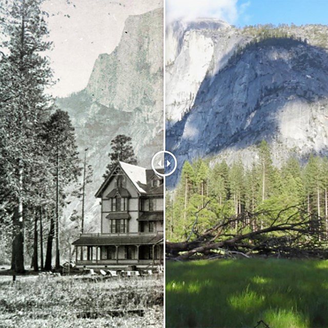 Historic view of Stoneman Meadow on left, current view on right