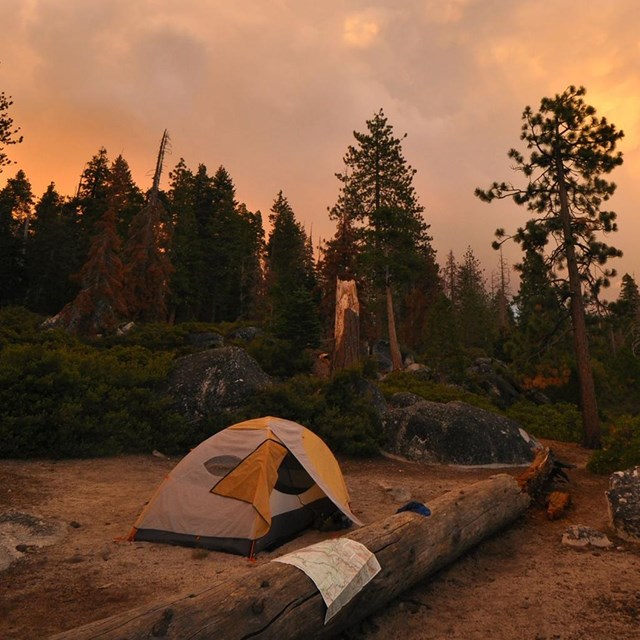 Tent set up in wilderness at sunset