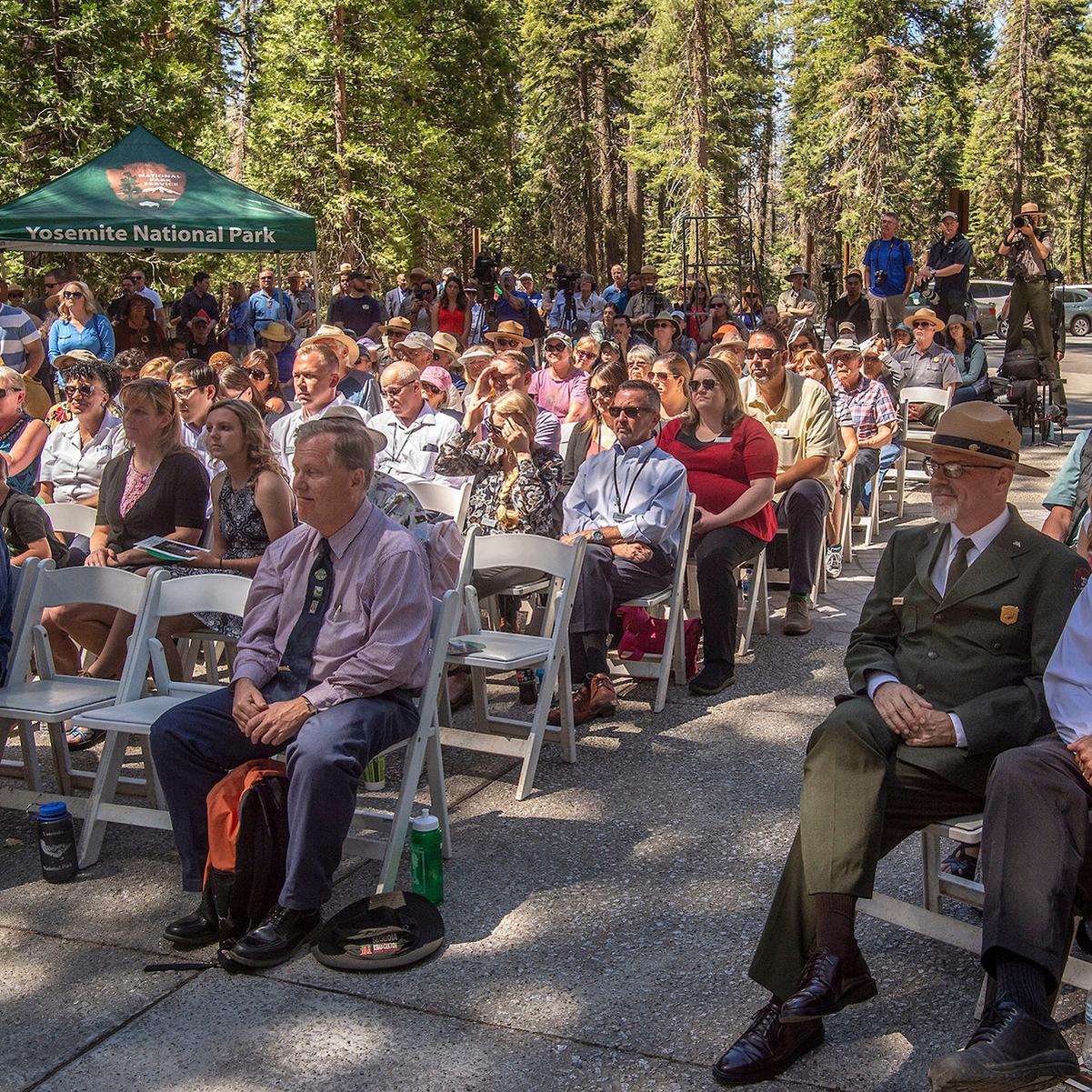 Image of crowd from dedication of newly renovated Mariposa Grove of Giant Sequoias