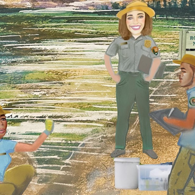 A graphic of three individuals completing water quality testing