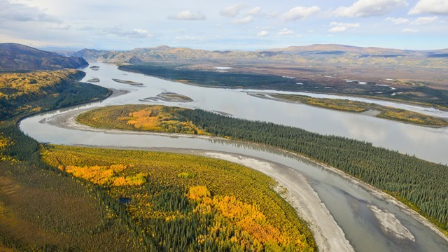 Aerial view of the Yukon River with fall colors