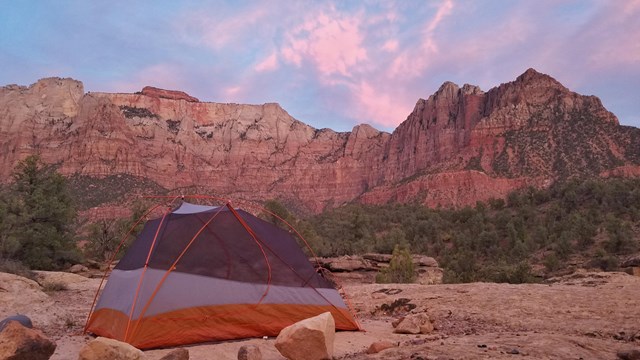 A tent in front of red sandstone cliffs and pink clouds.