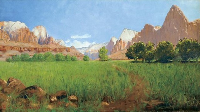 Painting by Frederick Dellenbaugh of Zion Canyon with grass and trees in the foreground