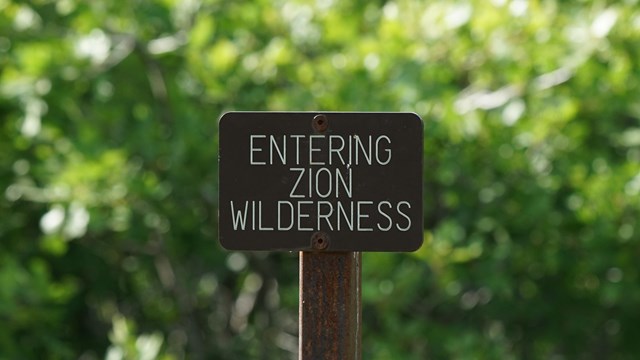 A small metal sign reading "Entering Zion Wilderness."