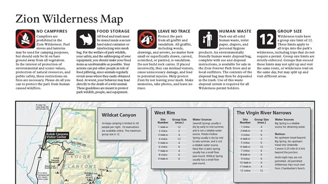 The front cover of a handout, the title of which reads "Zion Wilderness Map."