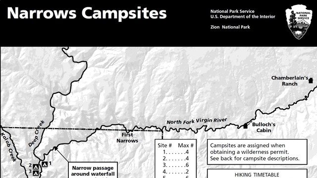 The first page of a map handout, titled "Narrows Campsites."