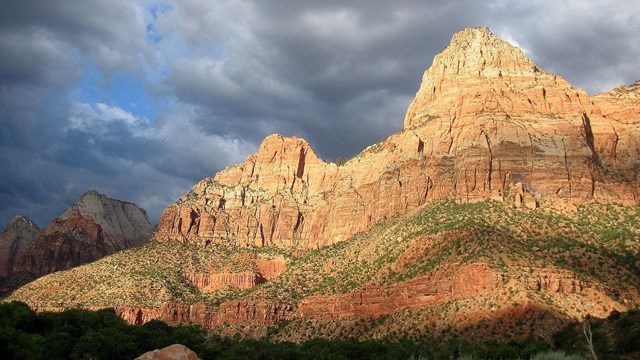 Cable mountain lit by sunset. 