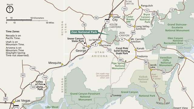 A simple map showing Zion National Park and surrounding areas of interest.