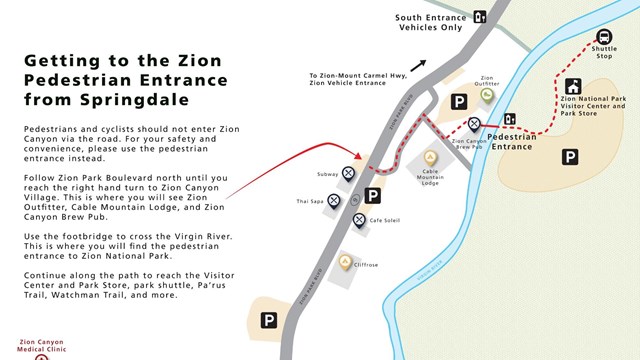 A map showing how to find a park entrance from Springdale.
