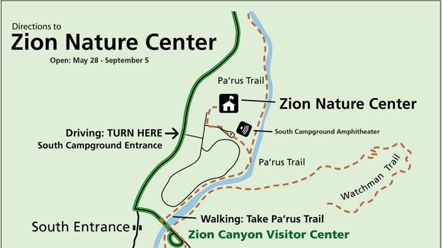 A map showing how to reach the Zion Nature Center near South Campground.