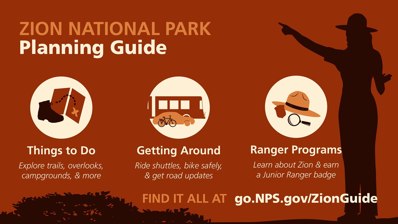 An illustrated ranger points at things to do, getting around, and ranger program information.