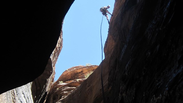 A person rappels into a slot canyon, with blue sky visible high above.