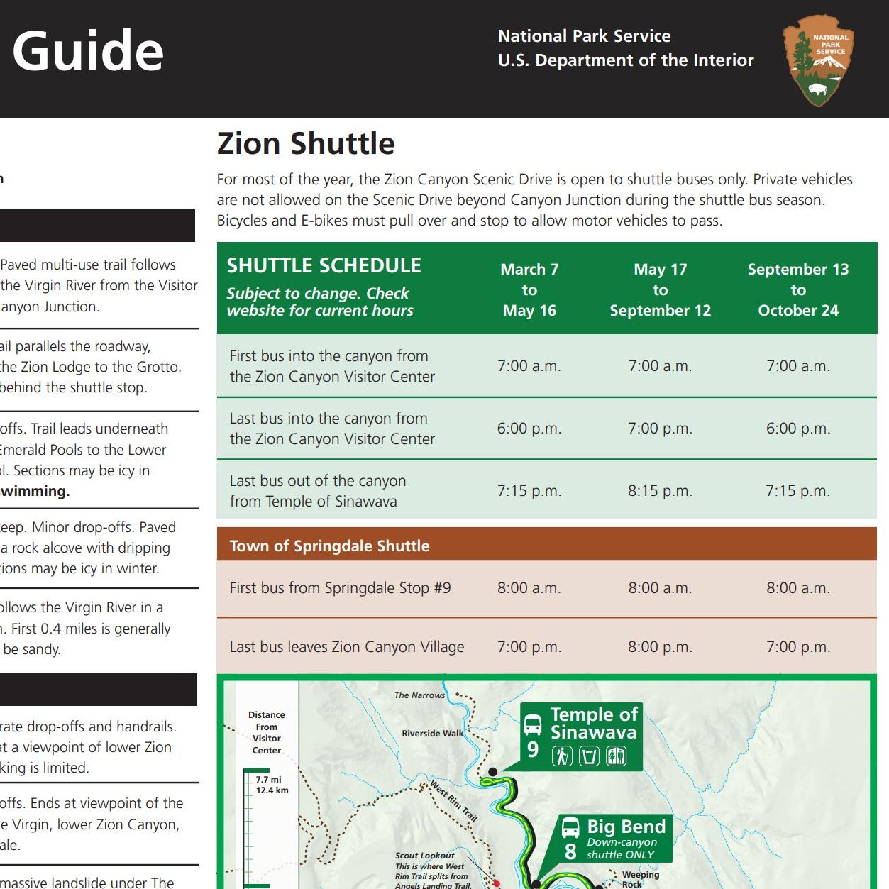 The front page of a folding brochure, which lists shuttle information and trail details.