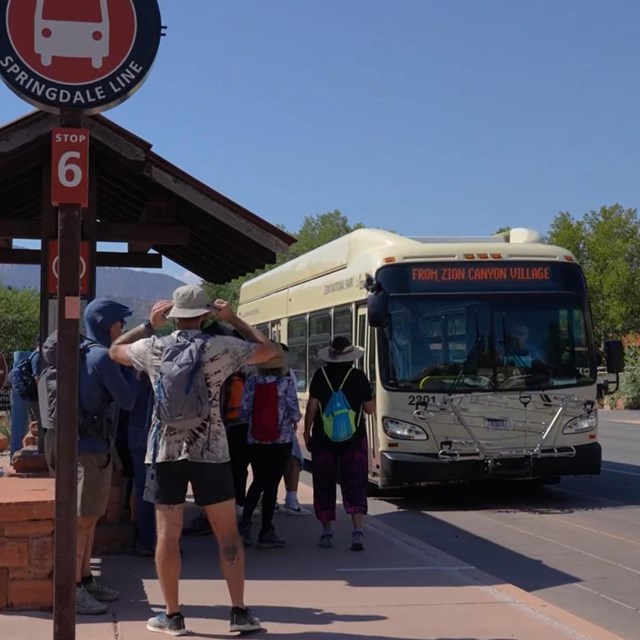 A shuttle bus pulls up to a large crowd of waiting visitors at Springdale Shuttle Stop number 6.