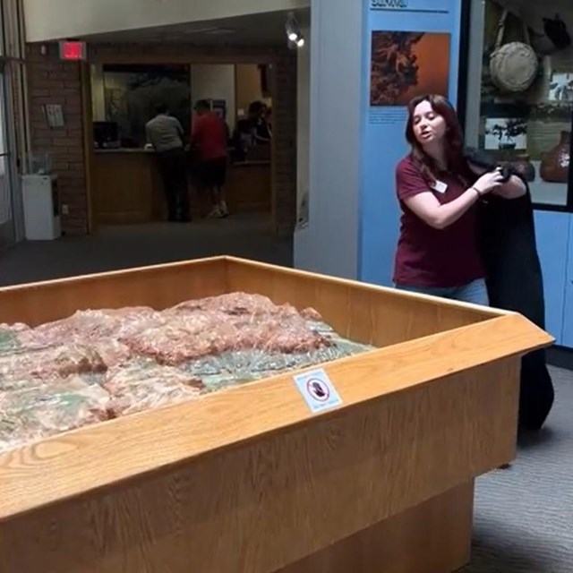 An intern pulls back a black cloth, revealing a table with a model of Zion National Park on it.