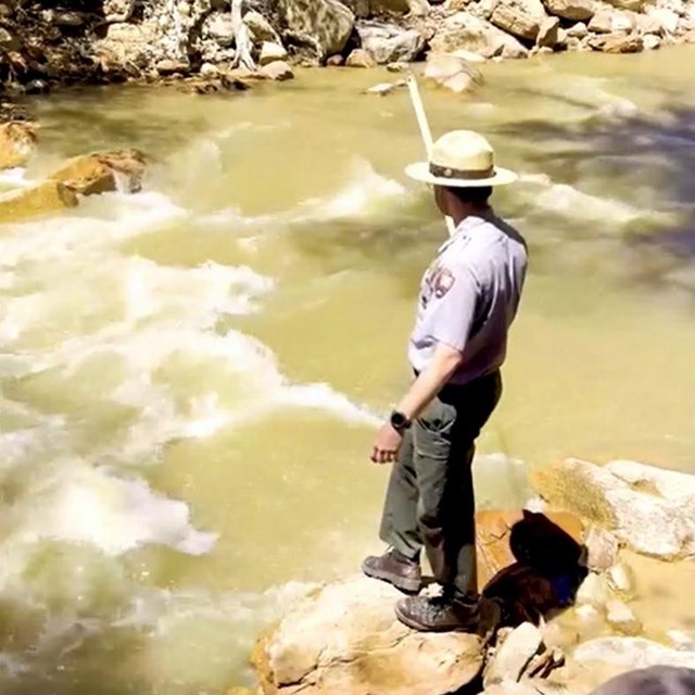 A ranger looks down at a brown, rushing river.