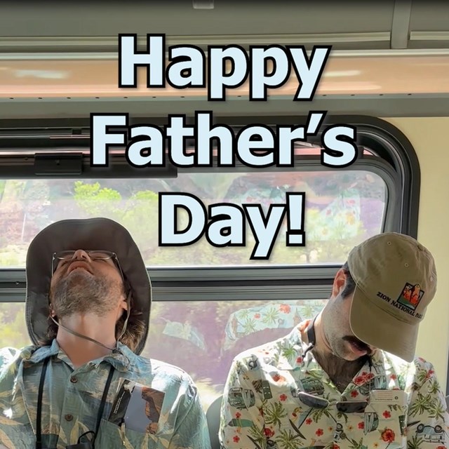 Two dads sit and sleep on a shuttle bus.
