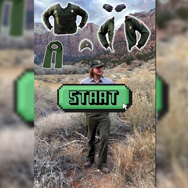 A ranger standing outside with a green start button, cursor, and clothes floating above him