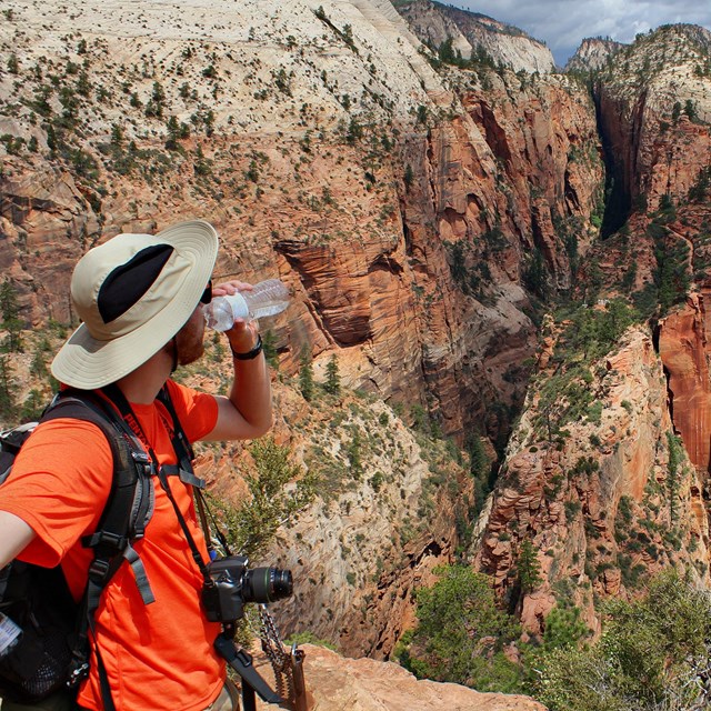 A hiker holds drinks water as they gaze into Zion Canyon.