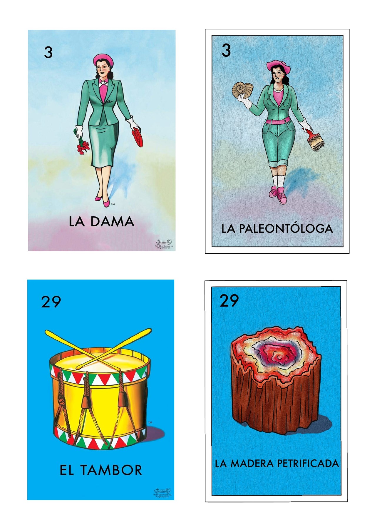 Two of the Paleoteria cards shown with their original Loteria counterparts.