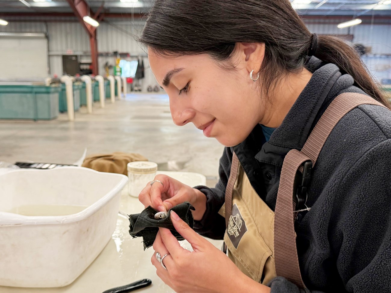 Young woman gently holding a small fish upside down and touching her finger to its underside.