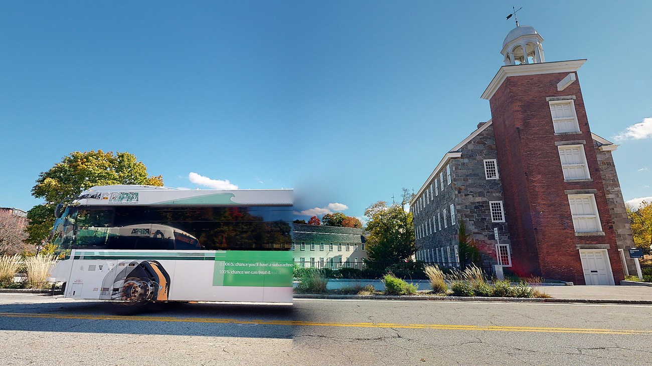 Virtual tour screenshot featuring a bus that's seemingly double exposed and missing its back half.