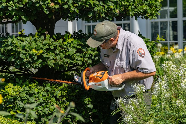 NPS Gardener Nick Guy uses a hedge trimmer to sculpt a bush in the East Garden.