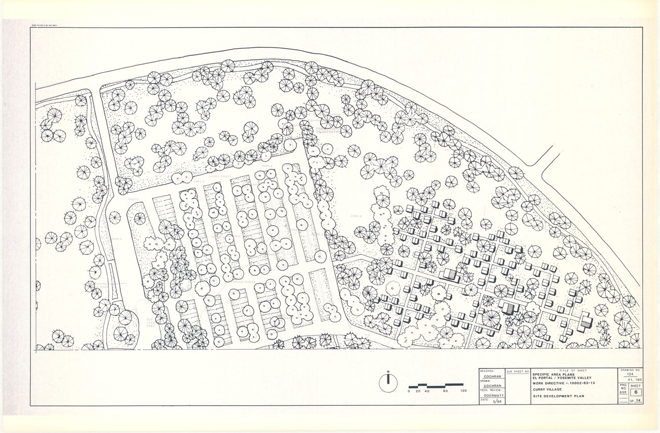 Architectural plans of Curry Village showing the orchard as a parking lot. 