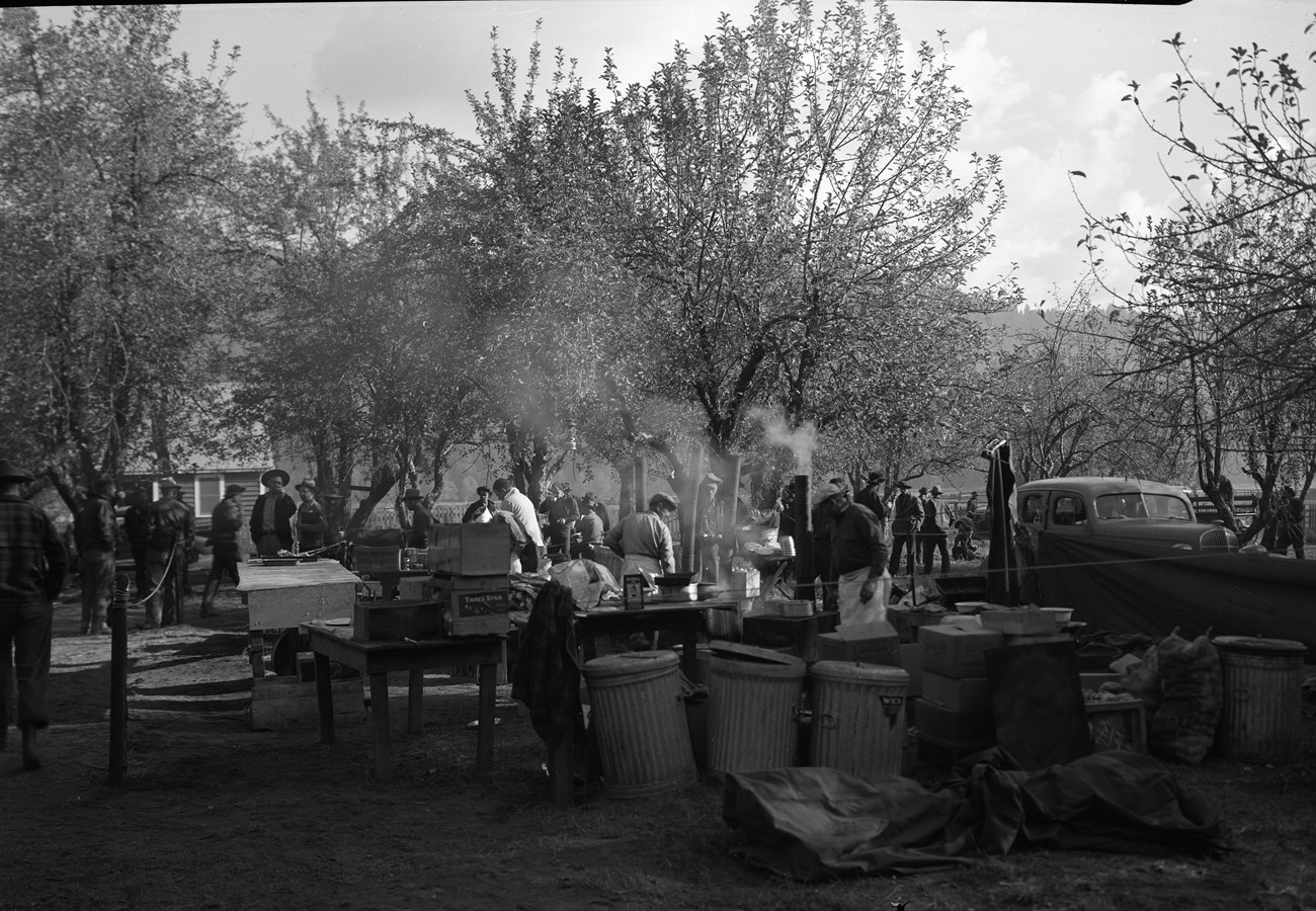 A fire camp set up in Meyer Orchard. 