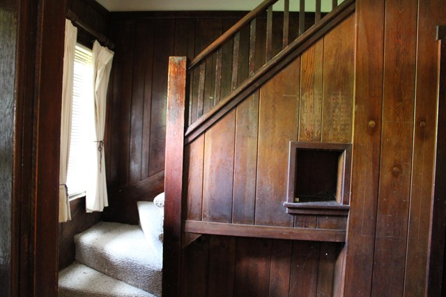 A carpeted set of stairs leading up to the second floor is offset by wood paneled walls