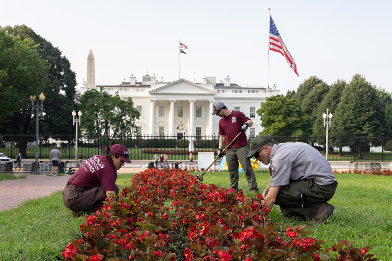 Traditional Trades Advancement Program interns Kendall Soriano, left, and Brenton Tate, center, work