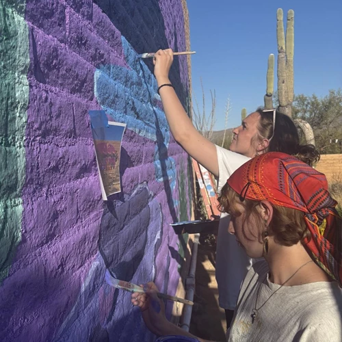 Two women paint a wall using large brushes.