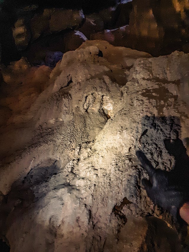 jagged and pock marked limestone formation inside dark cave